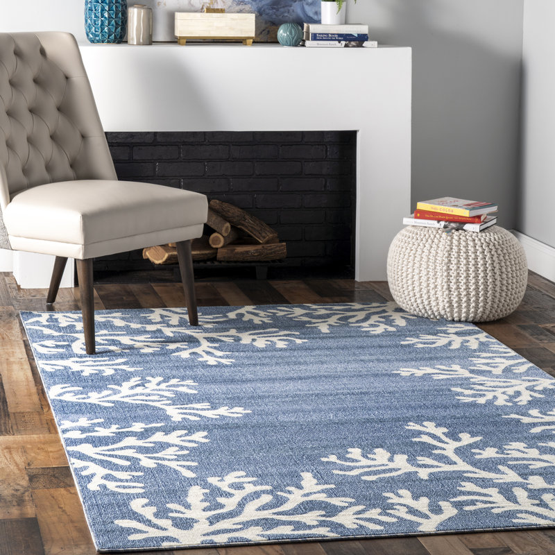Highland Dunes Summerfield Floral Blue/White Indoor / Outdoor Area Rug